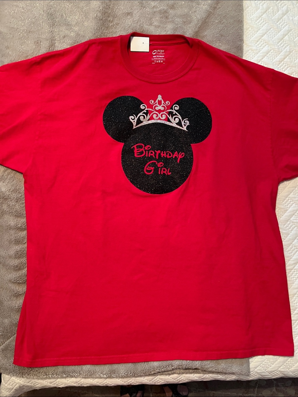 Port and Company Red 'Birthday Girl' Mickey Ear Tee with Black Glitter Graphic